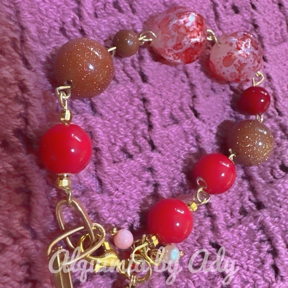 Goldstone beaded bracelet maxi beads chunky adjustable coral - Picture 2 of 4